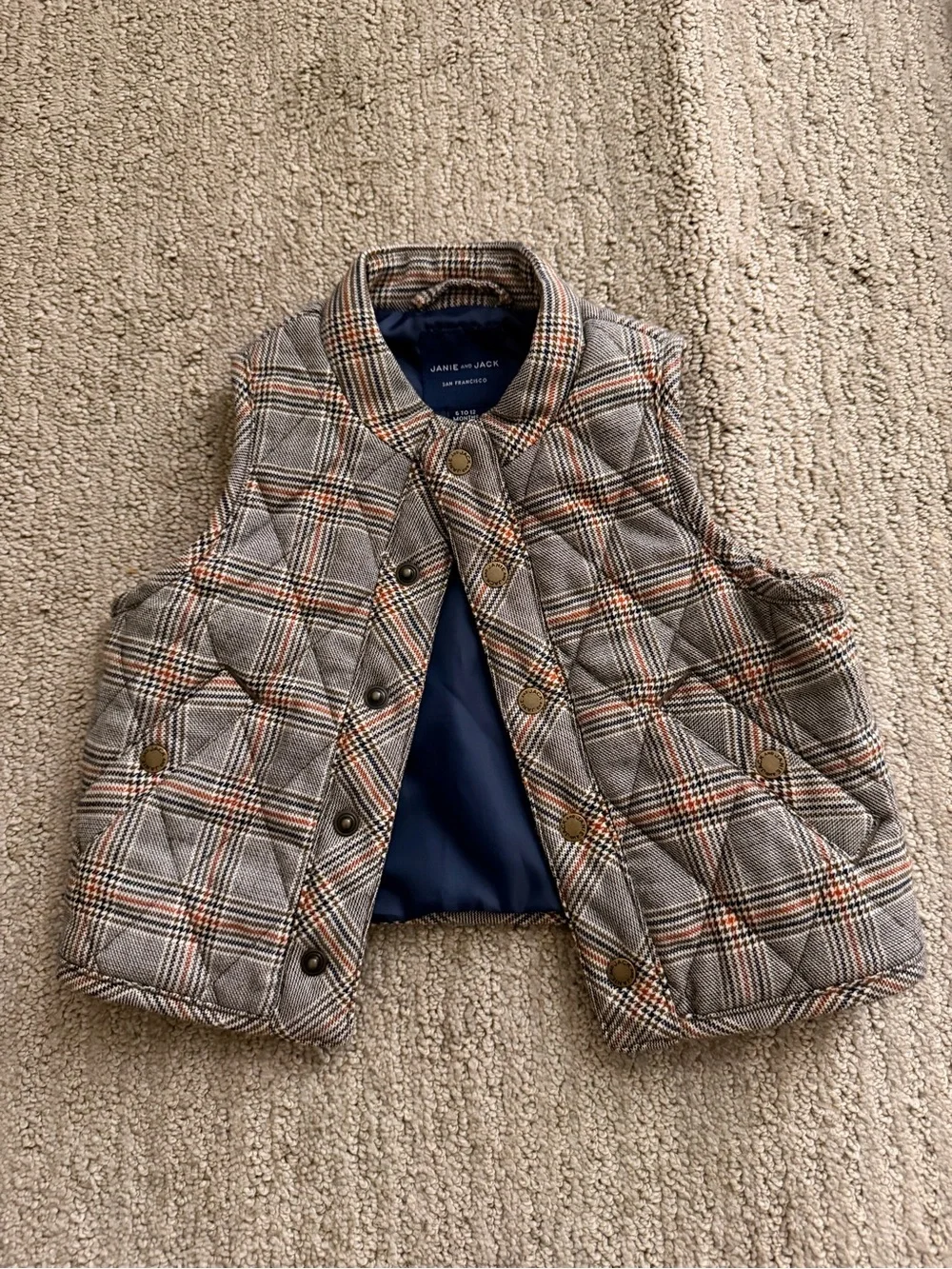 Janie and Jack Quilted Plaid Vest in Brown with Navy and Orange Accents